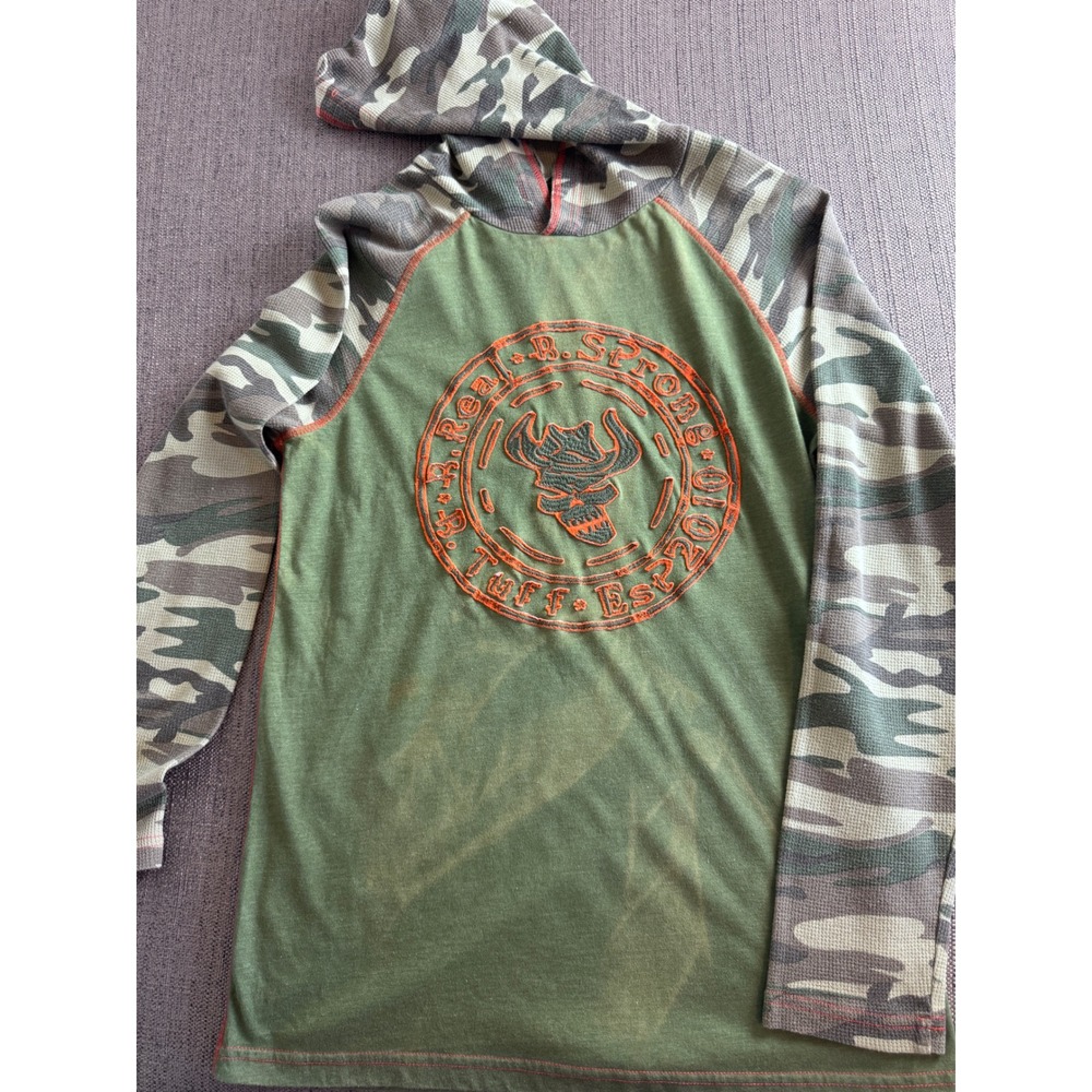 B. Tuff Mens Hoodie Olive Green Camo Waffle Knit Sleeve Skull Graphic Medium